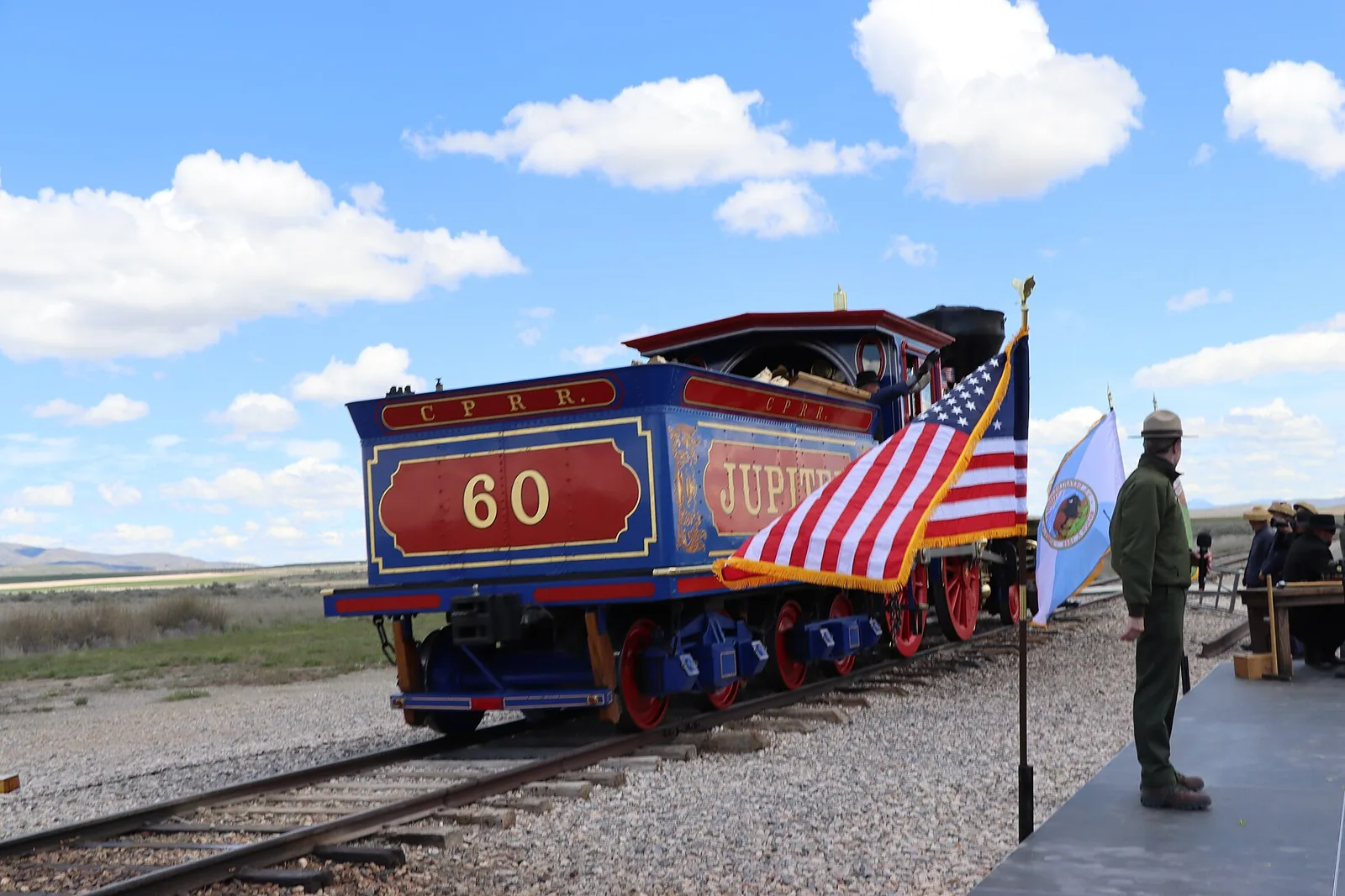 The golden spike monument at Promontory Summit in northern Utah, marking where the Central Pacific and Union Pacific railroads joined on May 10, 1869, completing the First Transcontinental Railroad