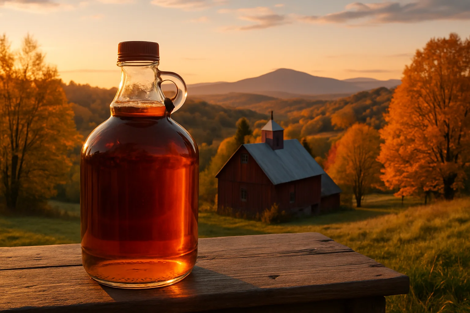 Glass jugs of Vermont maple syrup in graduated amber grades lined up on a rustic wooden shelf at a sugar house