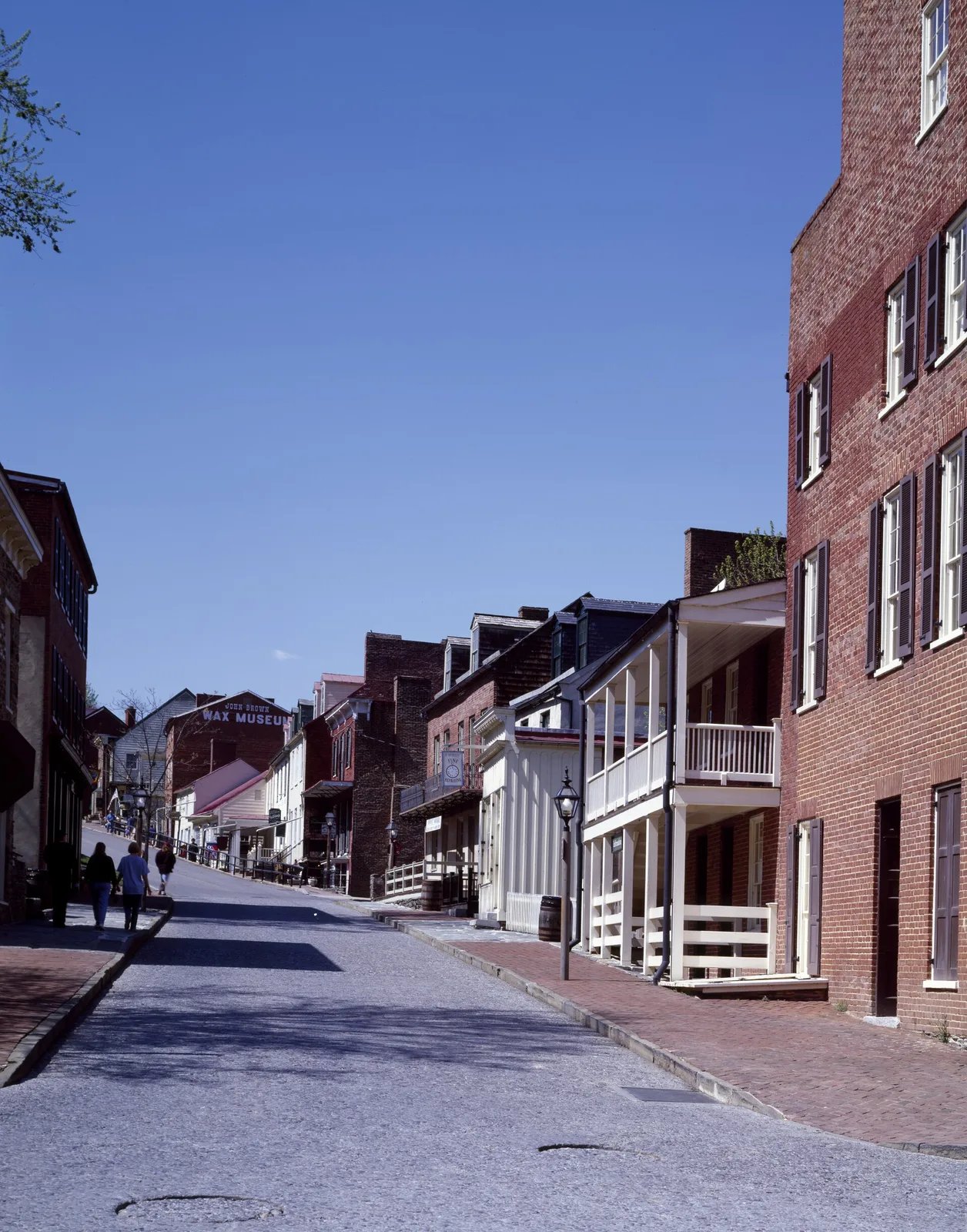 A historic brick streetscape in Harpers Ferry, West Virginia, now part of the national historical park at the confluence of the Shenandoah and Potomac Rivers, site of John Brown's 1859 arsenal raid