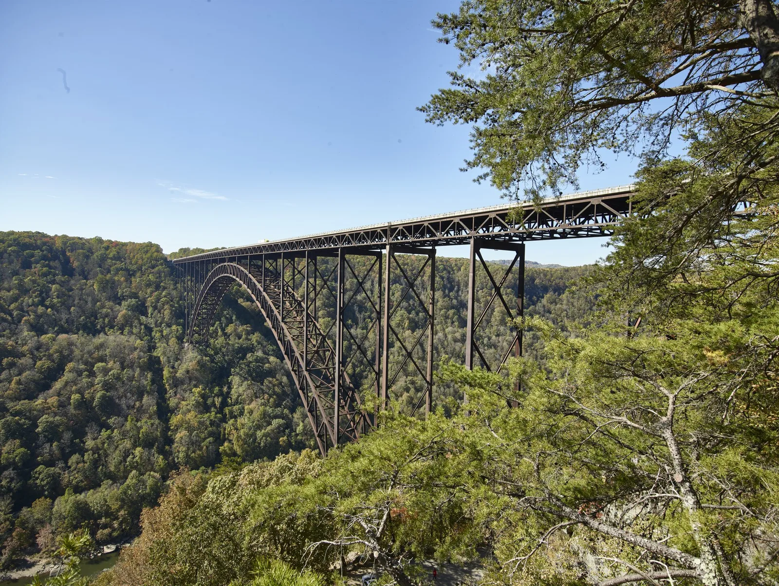 The New River Gorge Bridge's steel arch spanning 876 feet above the New River in West Virginia, the longest steel arch bridge span in the Western Hemisphere