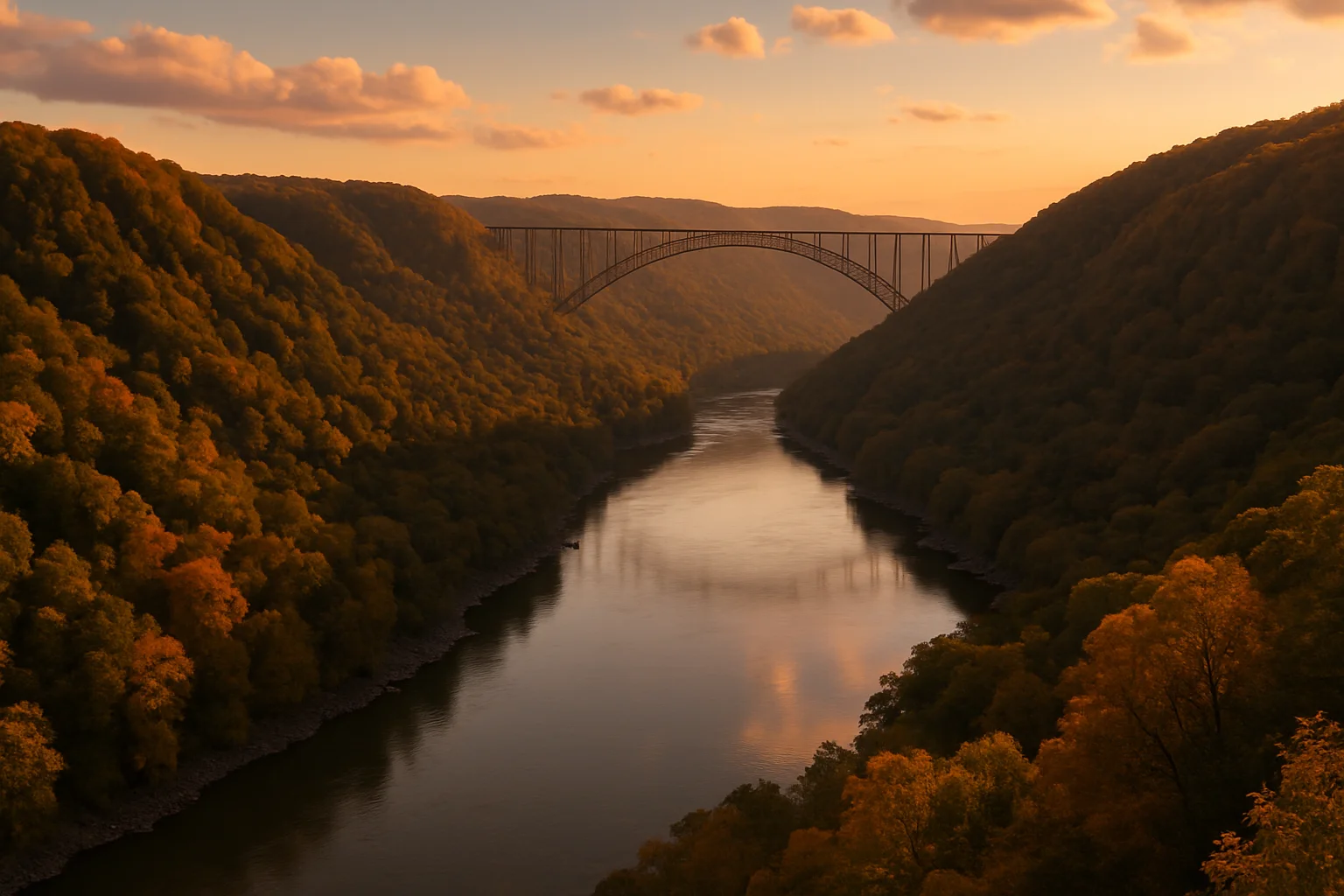 New River Gorge National Park in West Virginia, the 63rd national park in the United States, with the New River Bridge, the third-longest steel arch bridge in the world, spanning the thousand-foot-deep gorge