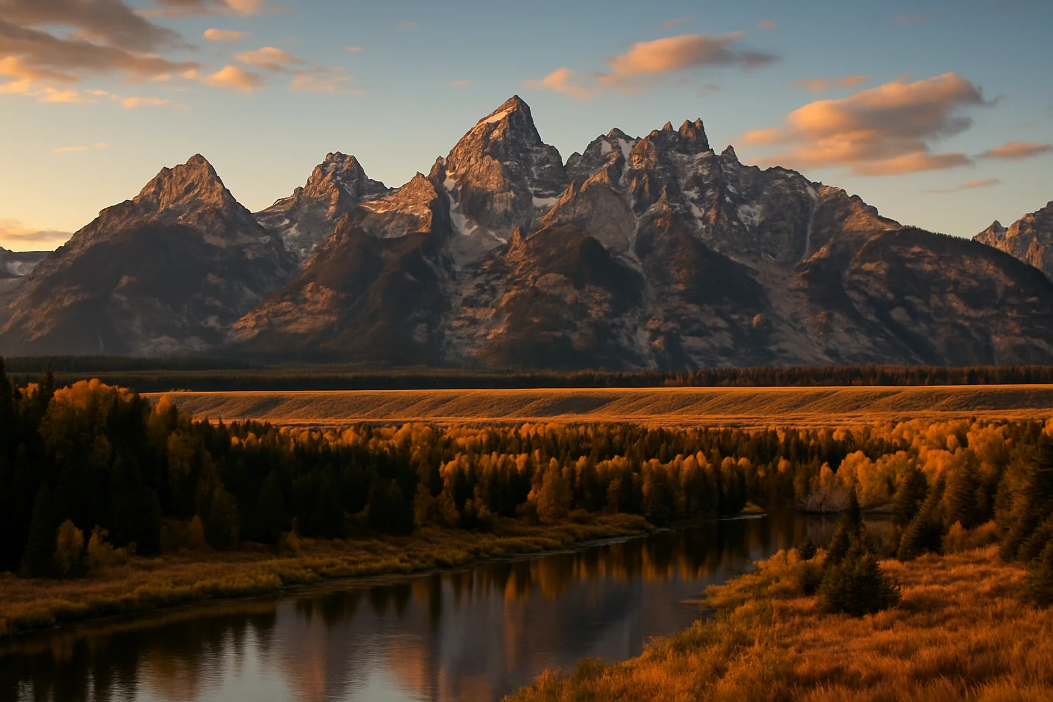 The jagged peaks of the Grand Teton Range reflected in the still waters of the Snake River, Grand Teton National Park, Wyoming