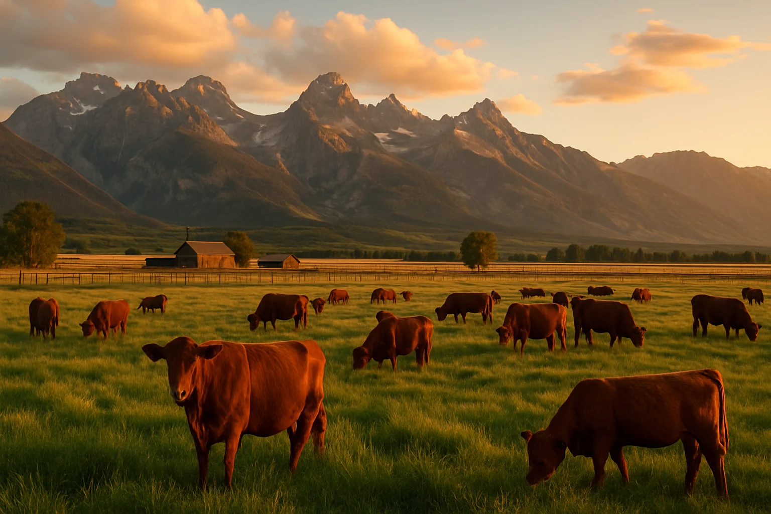 A cattle ranch spread across the rolling sagebrush plains of eastern Wyoming beneath an enormous blue sky