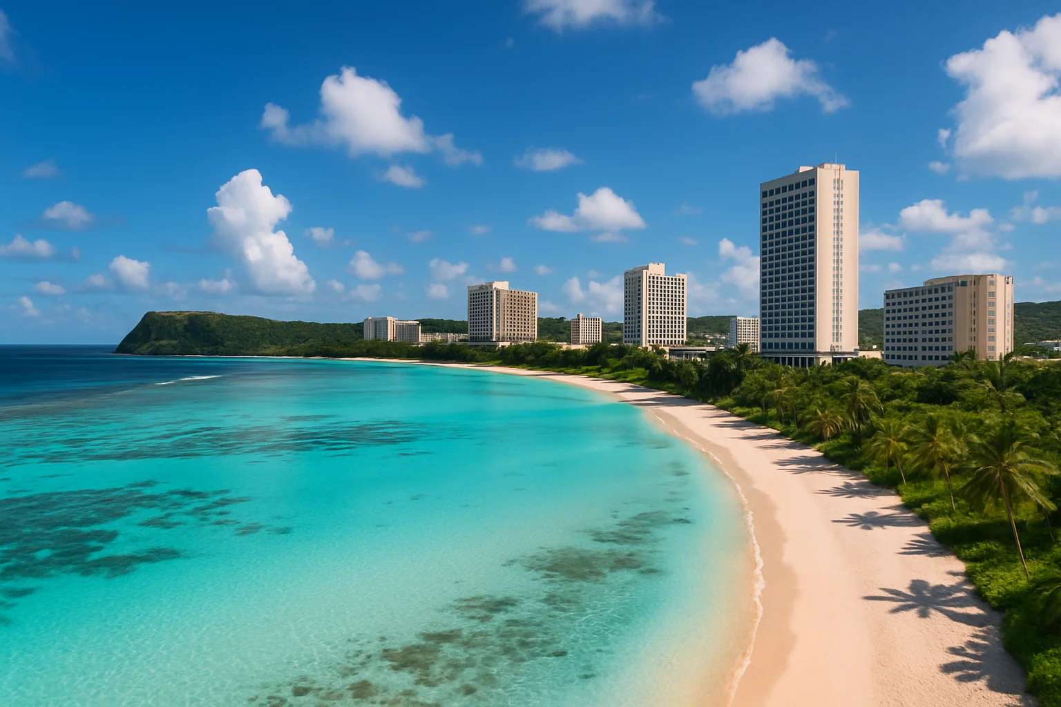 Tumon Bay, Guam, the crescent-shaped resort district on the island's northwestern coast, with turquoise Pacific waters and the international hotel corridor that drives Guam's tourism economy