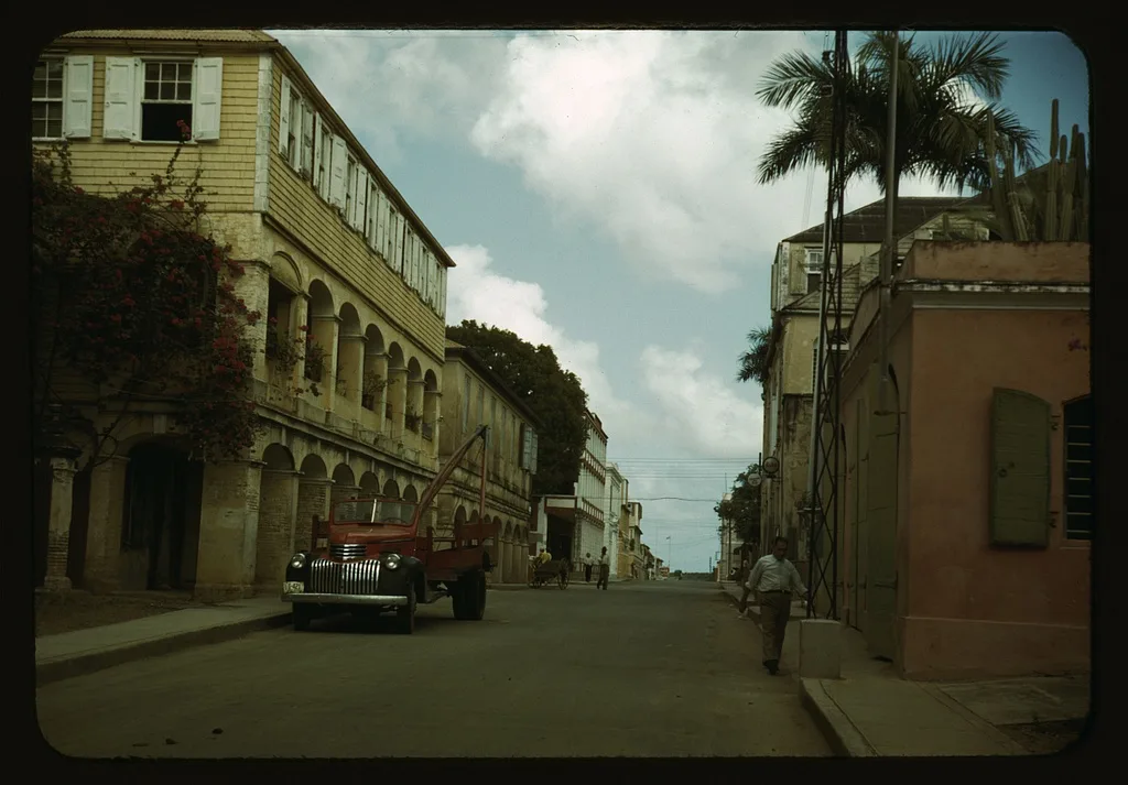 The Danish colonial waterfront of Christiansted on St. Croix, U.S. Virgin Islands, with its 18th century warehouses and fort reflecting 245 years of Danish colonial rule